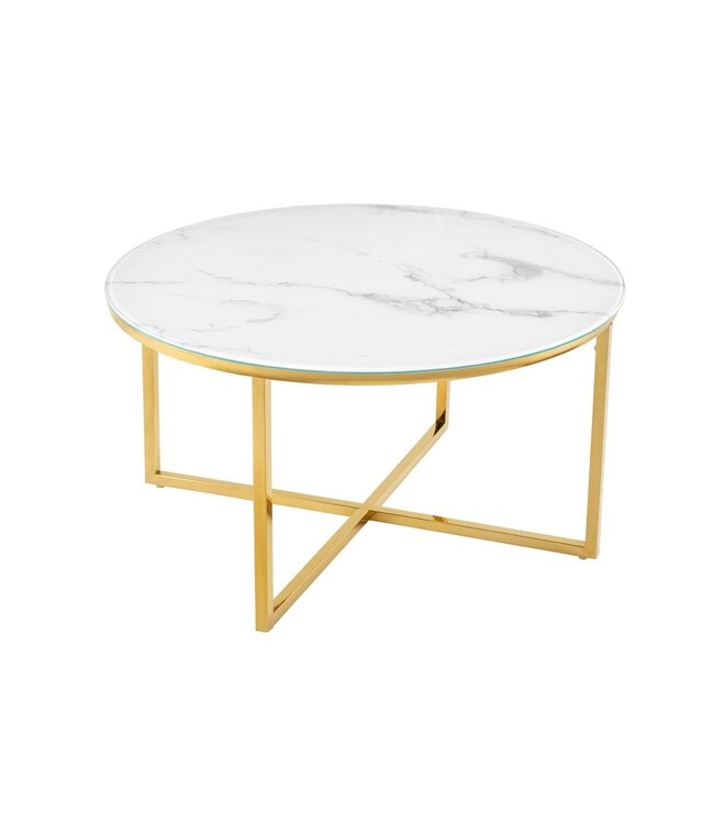 Invicta Interior Elegante salontafel BOUTIQUE 80cm wit rond kristalglas met marmeren decor gouden frame - 42160