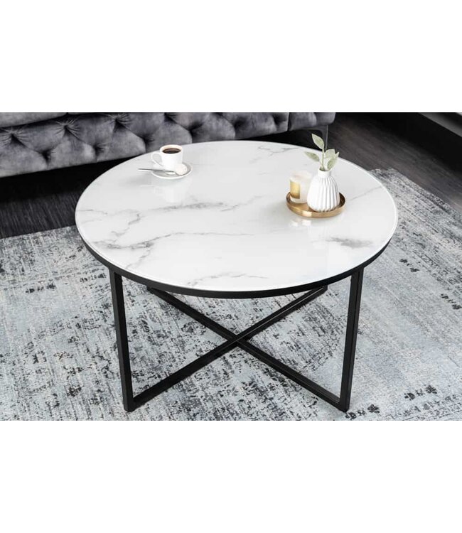 Invicta Interior Elegante salontafel BOUTIQUE 80cm wit rond kristalglas met marmeren decor zwart frame - 42159