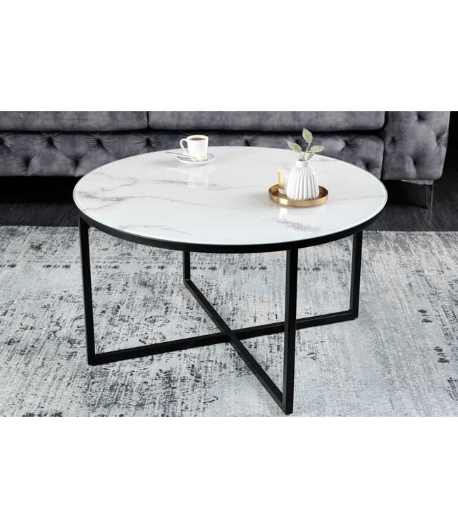 Invicta Interior Elegante salontafel BOUTIQUE 80cm wit rond kristalglas met marmeren decor zwart frame - 42159