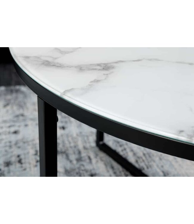 Invicta Interior Elegante salontafel BOUTIQUE 80cm wit rond kristalglas met marmeren decor zwart frame - 42159