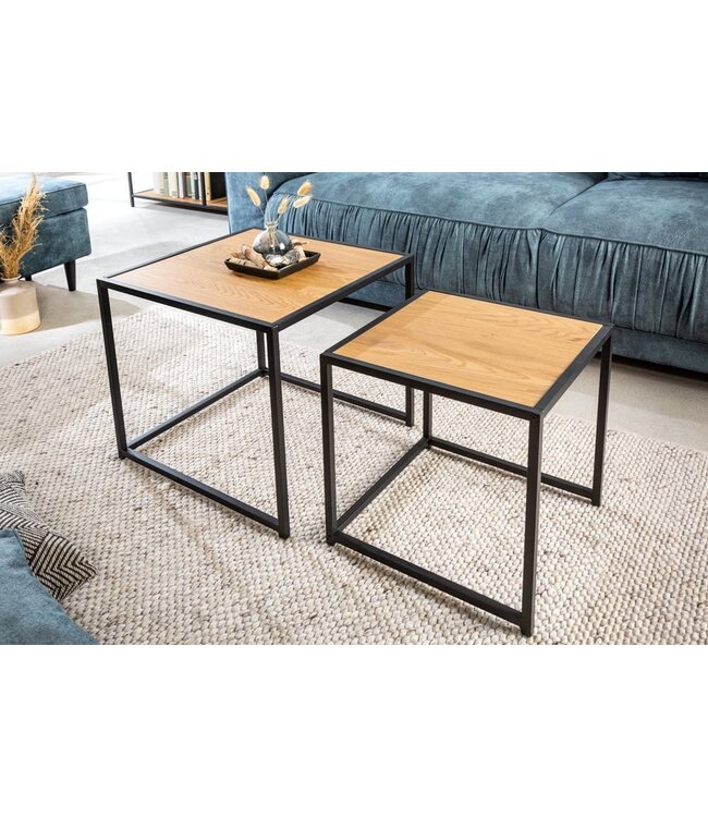 Invicta Interior Design bijzettafels set van 2 SLIM LINE 50cm wild eiken zwart industrieele stijl - 42012