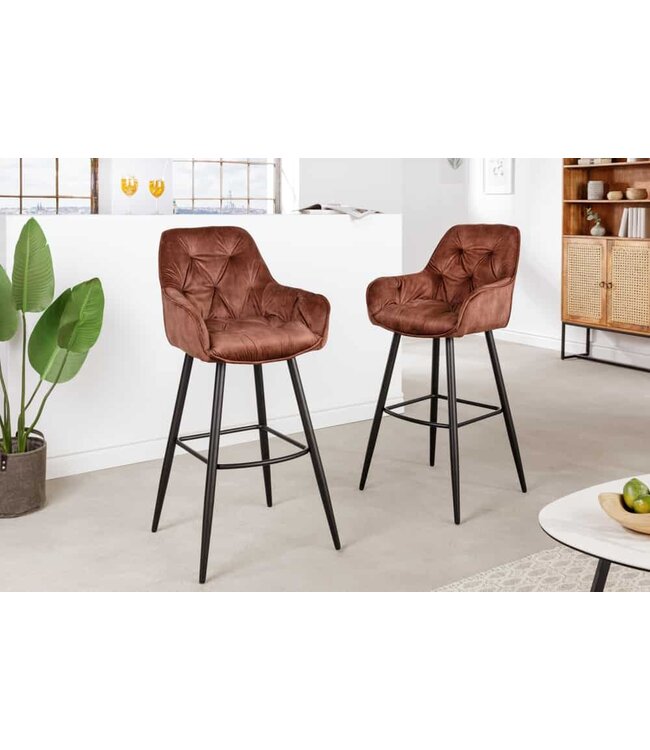 Invicta Interior Design barkruk MILANO bruin fluwelen barstoel met Chesterfield quilting - 41962