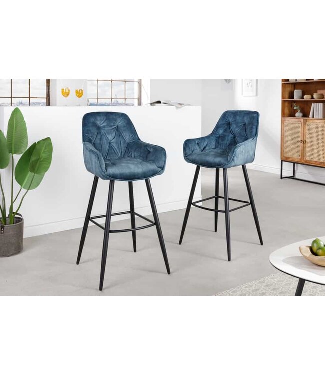 Invicta Interior Design barkruk MILANO petrol fluwelen barstoel met Chesterfield quilting - 41961