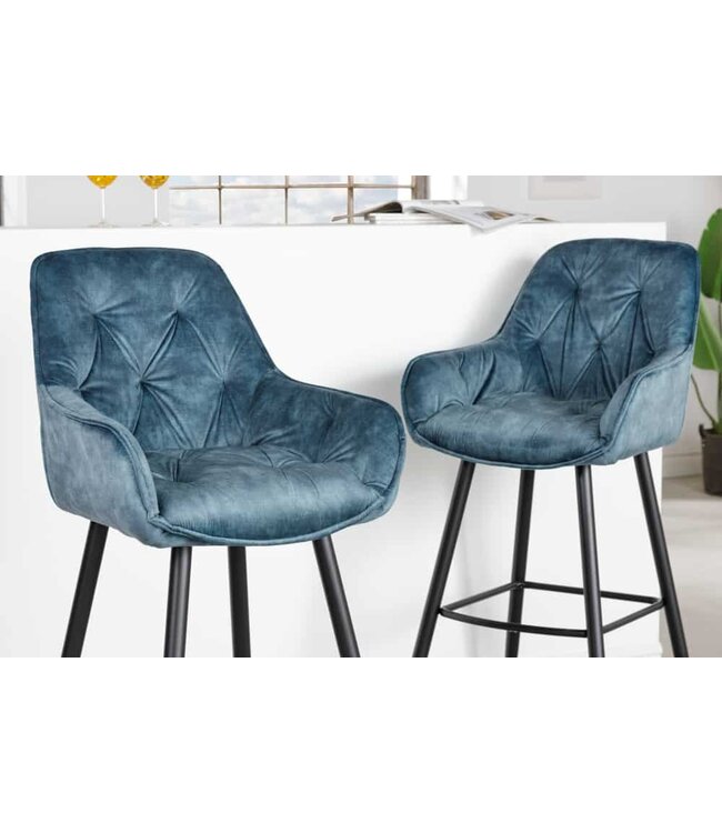 Invicta Interior Design barkruk MILANO petrol fluwelen barstoel met Chesterfield quilting - 41961