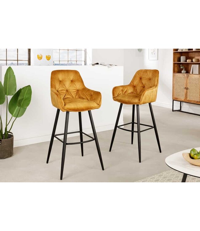 Invicta Interior Design barkruk MILANO mosterdgeel fluwelen barstoel met Chesterfield quilting - 41959