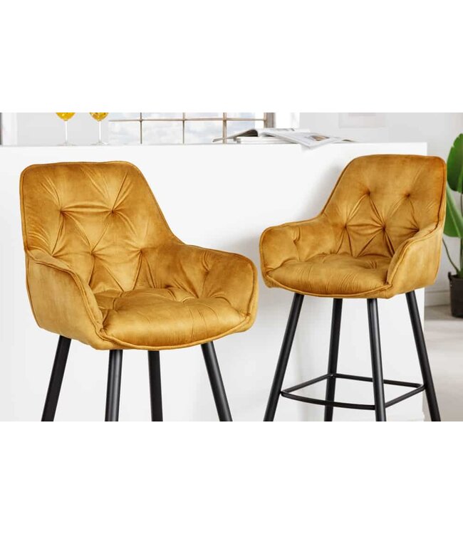 Invicta Interior Design barkruk MILANO mosterdgeel fluwelen barstoel met Chesterfield quilting - 41959