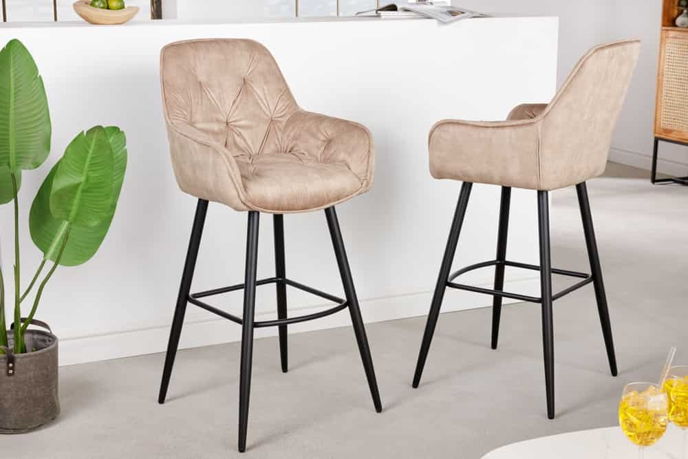 Design barkruk MILANO champagne fluwelen barstoel met Chesterfield quilting - 41958