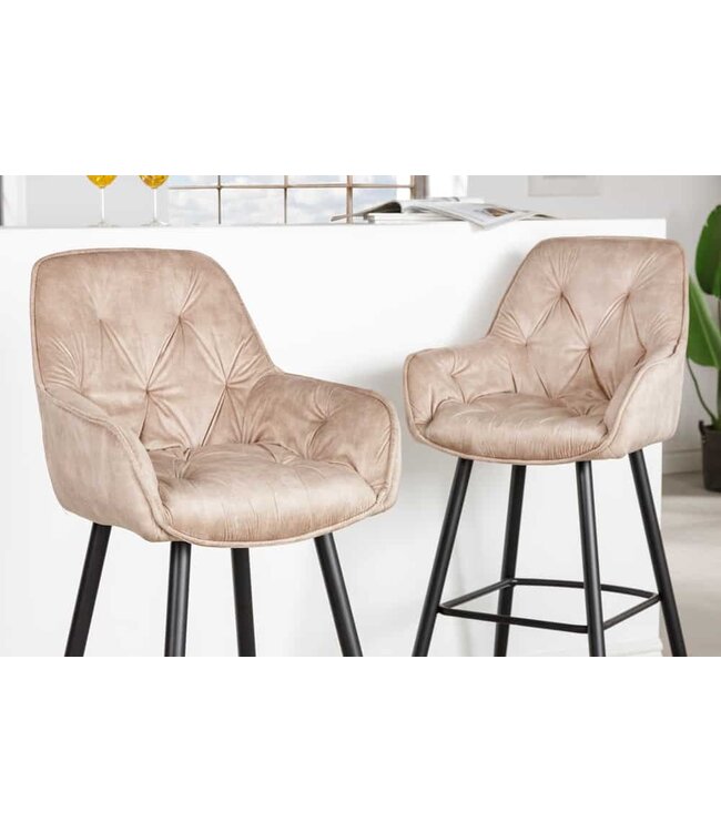 Invicta Interior Design barkruk MILANO champagne fluwelen barstoel met Chesterfield quilting - 41958