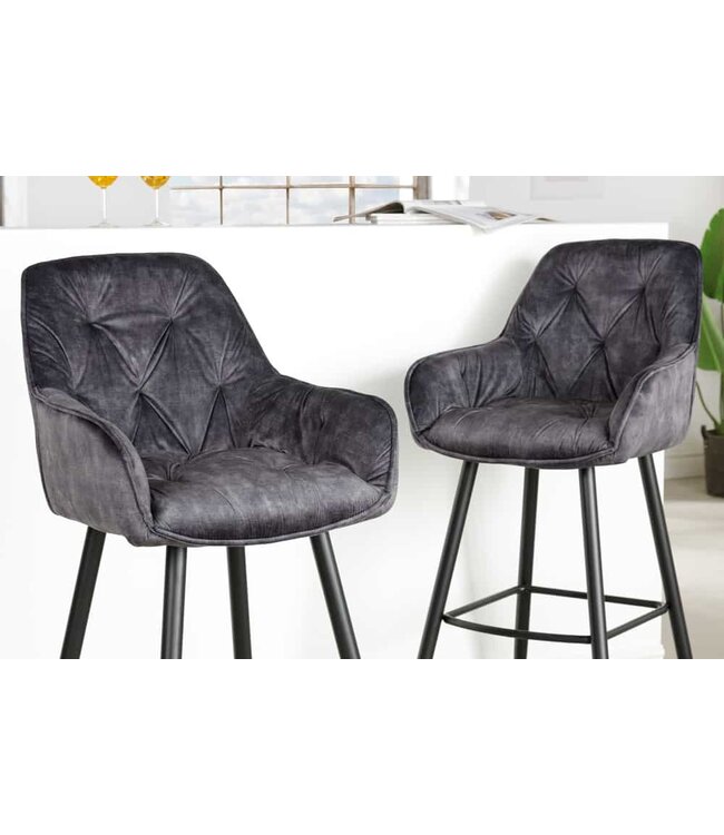Invicta Interior Design barkruk MILANO grijs fluwelen barstoel met Chesterfield quilting - 41957