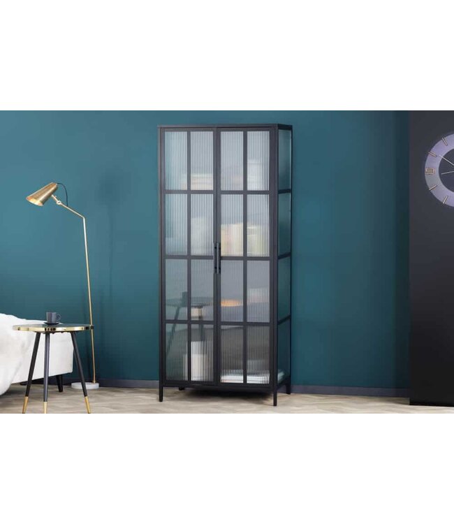 Invicta Interior industrieele vitrine DURA STEEL 180cm zwart metalen Riffelglas highboard - 41724