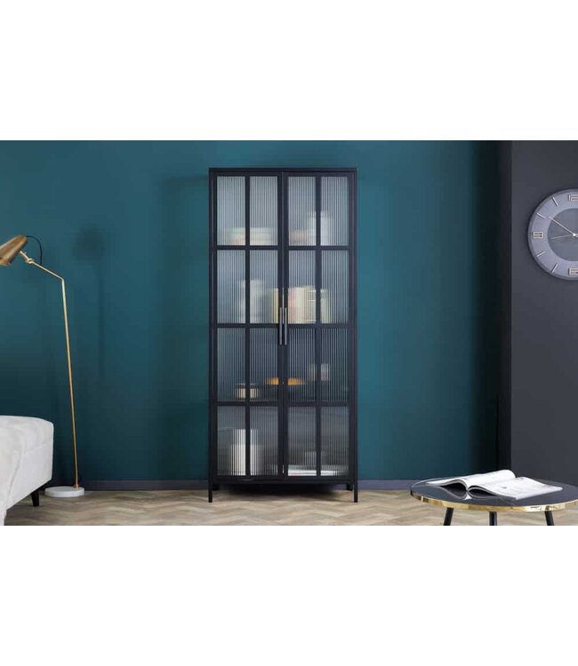 Invicta Interior industrieele vitrine DURA STEEL 180cm zwart metalen Riffelglas highboard - 41724