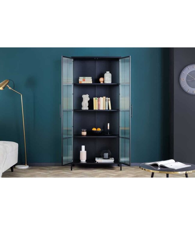 Invicta Interior industrieele vitrine DURA STEEL 180cm zwart metalen Riffelglas highboard - 41724