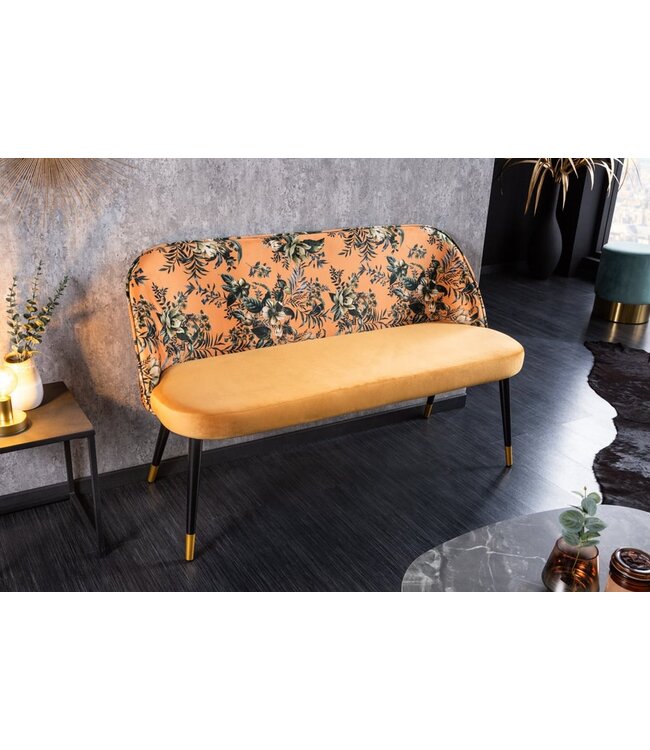 Invicta Interior Design bank PRET-A-PORTER geel fluweel bloemmotief en gouden voetdoppen - 41705
