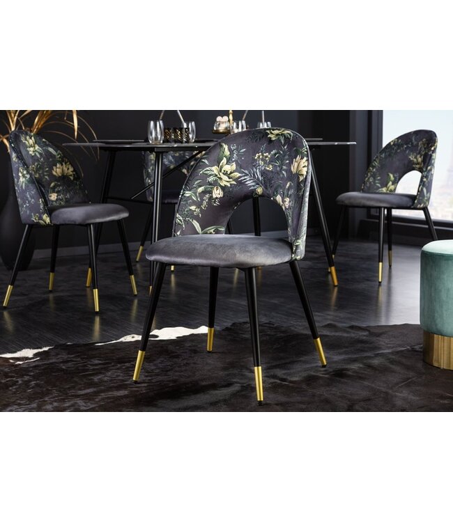 Invicta Interior Design stoel PRET-A-PORTER grijs fluweel bloemmotief en gouden voetdoppen - 41703