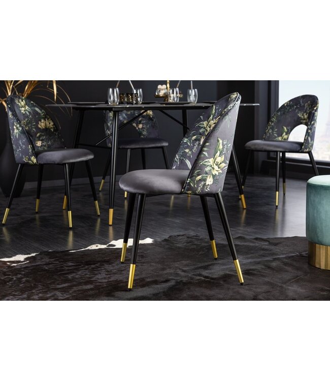 Invicta Interior Design stoel PRET-A-PORTER grijs fluweel bloemmotief en gouden voetdoppen - 41703