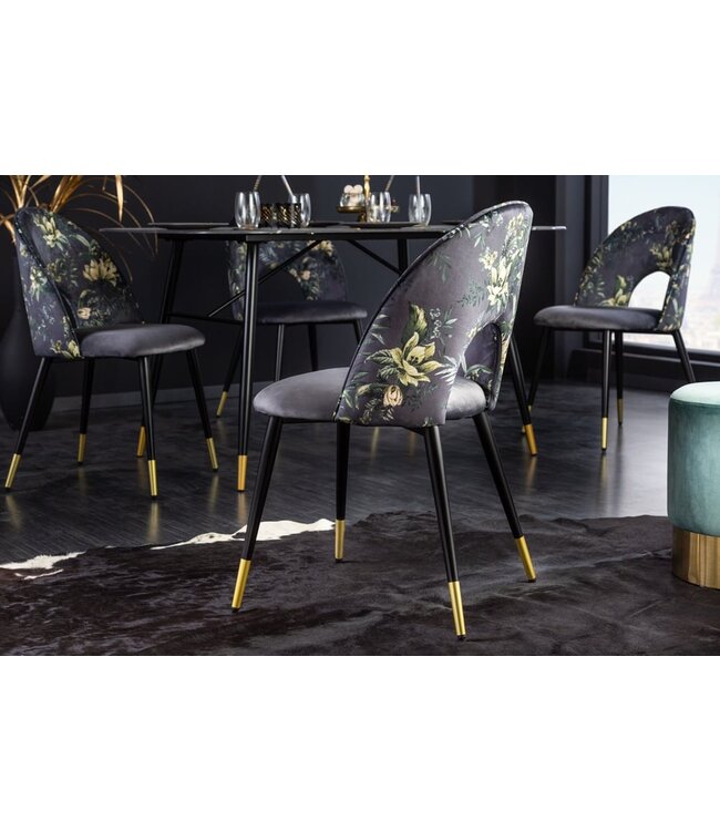 Invicta Interior Design stoel PRET-A-PORTER grijs fluweel bloemmotief en gouden voetdoppen - 41703