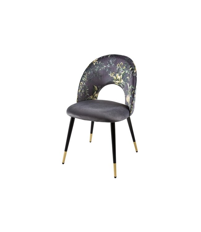 Invicta Interior Design stoel PRET-A-PORTER grijs fluweel bloemmotief en gouden voetdoppen - 41703