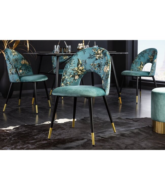 Invicta Interior Design stoel PRET-A-PORTER turquoise fluweel bloemmotief en gouden voetdoppen - 41702