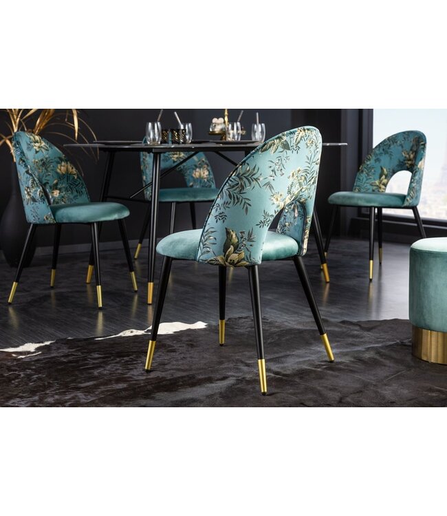 Invicta Interior Design stoel PRET-A-PORTER turquoise fluweel bloemmotief en gouden voetdoppen - 41702