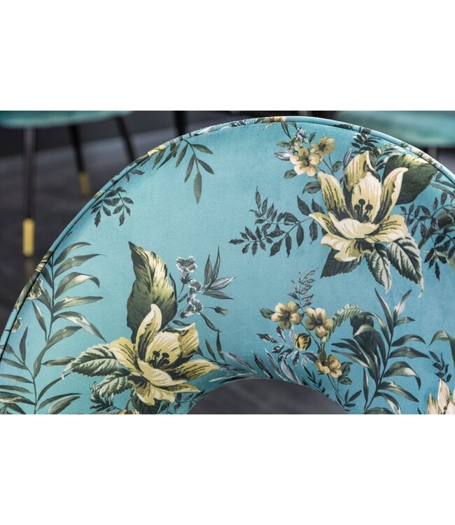 Invicta Interior Design stoel PRET-A-PORTER turquoise fluweel bloemmotief en gouden voetdoppen - 41702