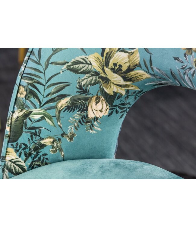 Invicta Interior Design stoel PRET-A-PORTER turquoise fluweel bloemmotief en gouden voetdoppen - 41702