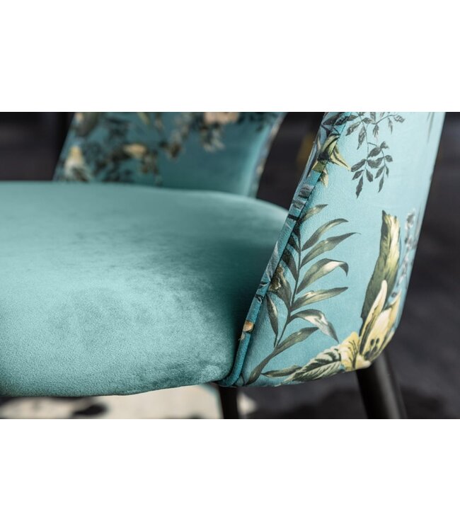 Invicta Interior Design stoel PRET-A-PORTER turquoise fluweel bloemmotief en gouden voetdoppen - 41702