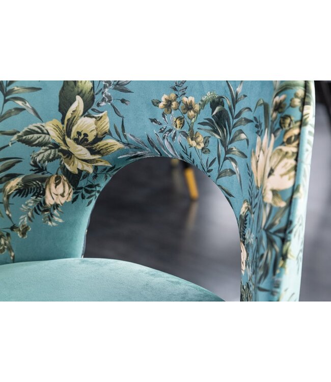 Invicta Interior Design stoel PRET-A-PORTER turquoise fluweel bloemmotief en gouden voetdoppen - 41702