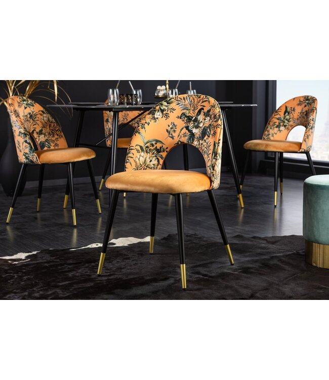 Invicta Interior Design stoel PRET-A-PORTER geel fluweel bloemmotief en gouden voetdoppen - 41701