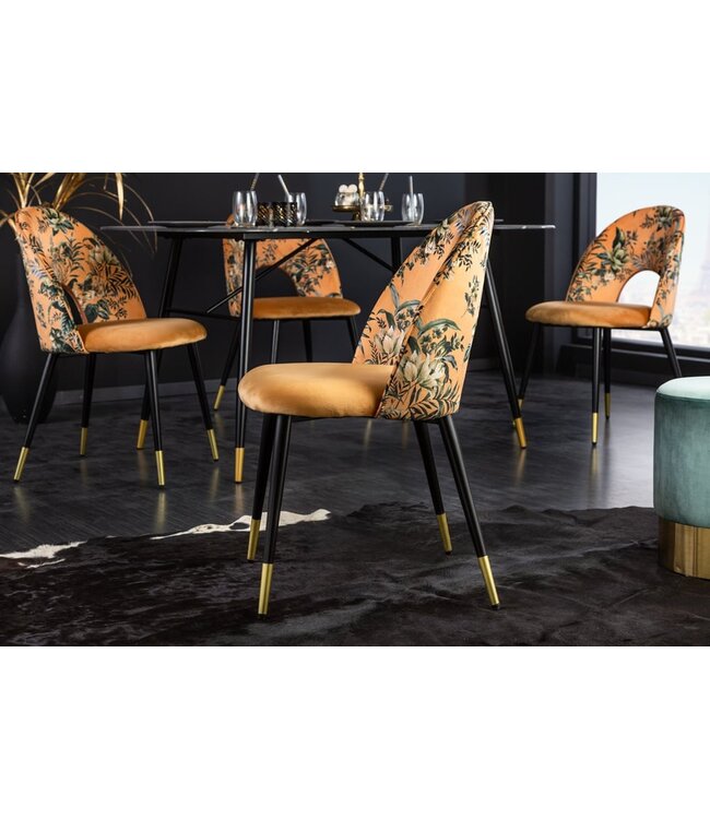 Invicta Interior Design stoel PRET-A-PORTER geel fluweel bloemmotief en gouden voetdoppen - 41701
