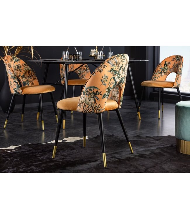 Invicta Interior Design stoel PRET-A-PORTER geel fluweel bloemmotief en gouden voetdoppen - 41701