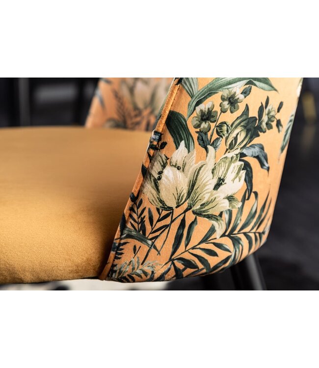 Invicta Interior Design stoel PRET-A-PORTER geel fluweel bloemmotief en gouden voetdoppen - 41701