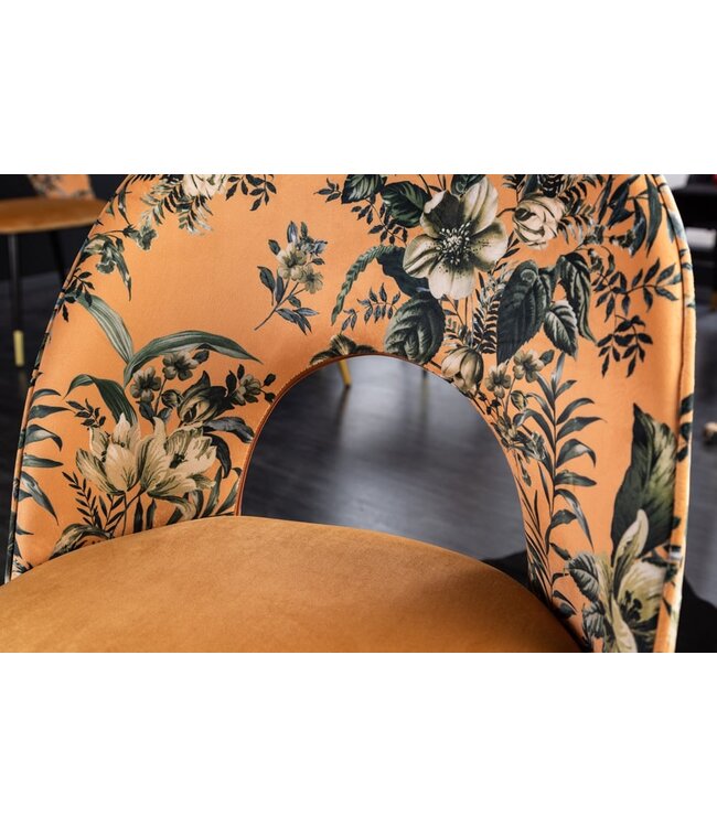 Invicta Interior Design stoel PRET-A-PORTER geel fluweel bloemmotief en gouden voetdoppen - 41701