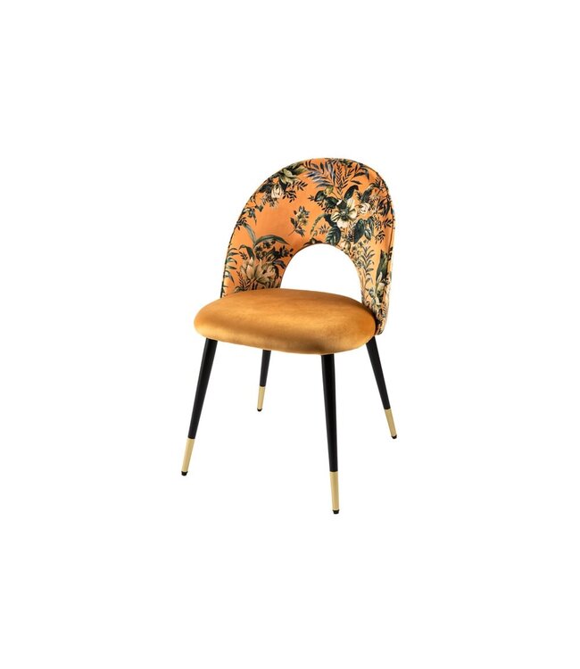 Invicta Interior Design stoel PRET-A-PORTER geel fluweel bloemmotief en gouden voetdoppen - 41701