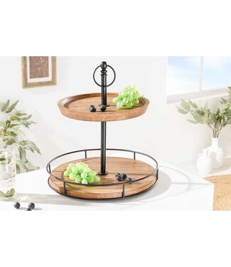 Invicta Interior Massief houten taartplateau PURE NATURE 40cm mango rond met twee niveaus zwart metaal - 41606