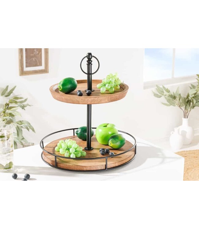Invicta Interior Massief houten taartplateau PURE NATURE 40cm mango rond met twee niveaus zwart metaal - 41606