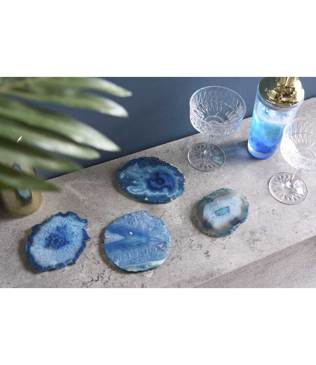 Invicta Interior Set van 4 onderzetters voor glazen COASTER 10cm blauwe edelsteen agaatkwarts handgemaakt - 41556