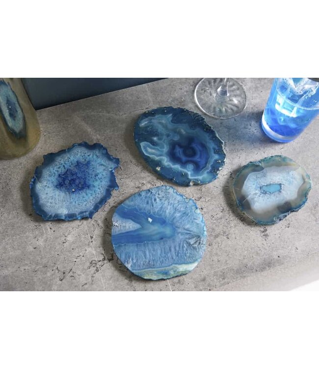 Invicta Interior Set van 4 onderzetters voor glazen COASTER 10cm blauwe edelsteen agaatkwarts handgemaakt - 41556