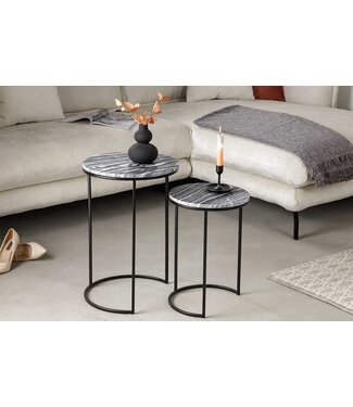 Invicta Interior Design bijzettafel set van 2 ELEMENTS 40cm grijs marmer zwart frame rond - 41555