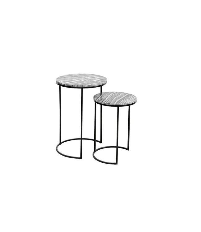 Invicta Interior Design bijzettafel set van 2 ELEMENTS 40cm grijs marmer zwart frame rond - 41555