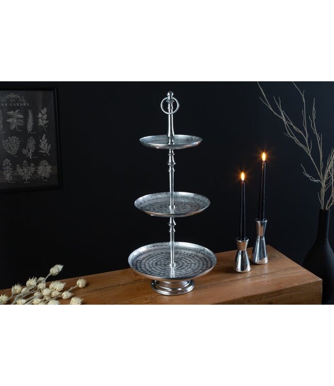 Invicta Interior Elegante taartschaal ORIENT 65cm zilver in wild hamerdesign met drie niveaus - 41536