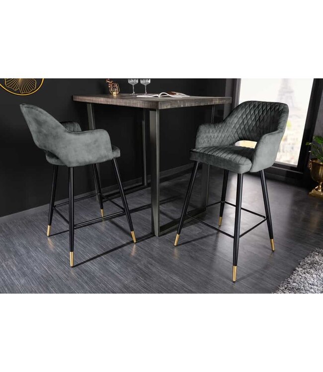 Invicta Interior Design barkruk PARIS groen fluweel met decoratieve quilting en gouden voetdoppen - 41517