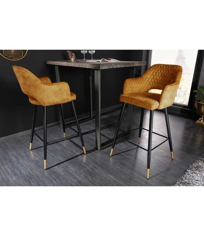 Invicta Interior Elegante barkruk PARIS mosterdgeel fluweel met decoratieve stiksels en gouden voetdoppen - 41516