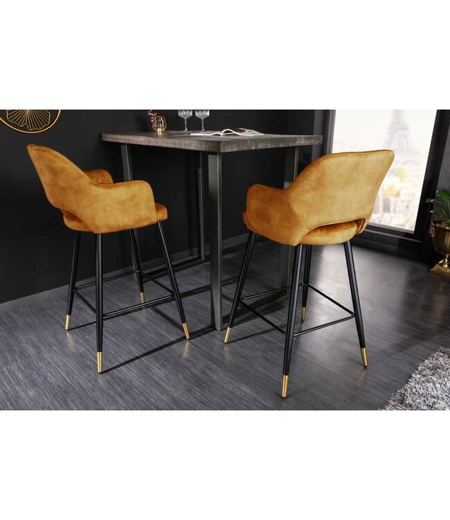 Invicta Interior Elegante barkruk PARIS mosterdgeel fluweel met decoratieve stiksels en gouden voetdoppen - 41516