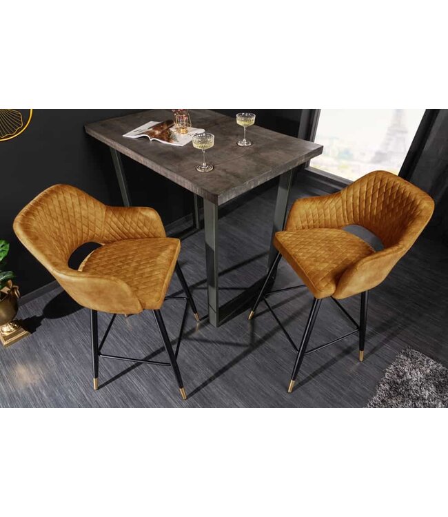 Invicta Interior Elegante barkruk PARIS mosterdgeel fluweel met decoratieve stiksels en gouden voetdoppen - 41516