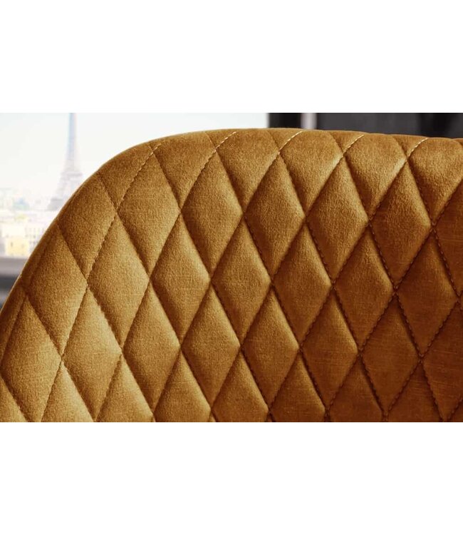 Invicta Interior Elegante barkruk PARIS mosterdgeel fluweel met decoratieve stiksels en gouden voetdoppen - 41516