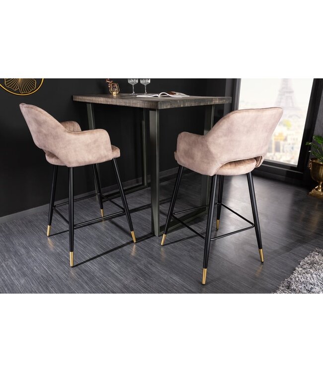 Invicta Interior Design barkruk PARIS grijs fluweel met decoratieve quilting en gouden voetdoppen - 41515