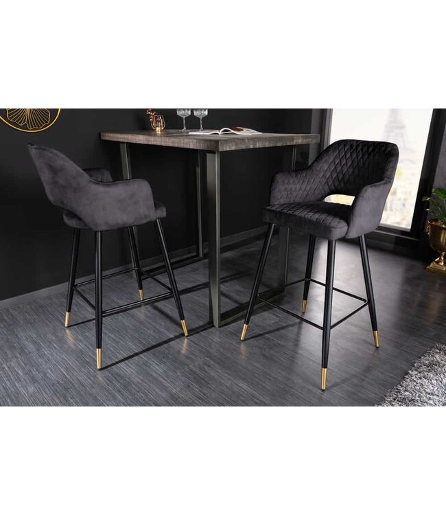 Invicta Interior Design barkruk PARIS grijs fluweel met decoratieve quilting en gouden voetdoppen - 41514