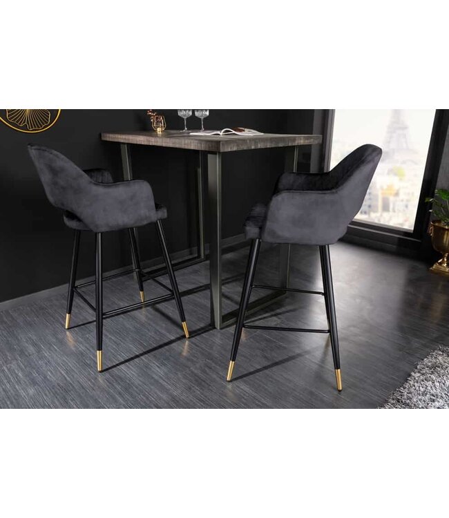 Invicta Interior Design barkruk PARIS grijs fluweel met decoratieve quilting en gouden voetdoppen - 41514