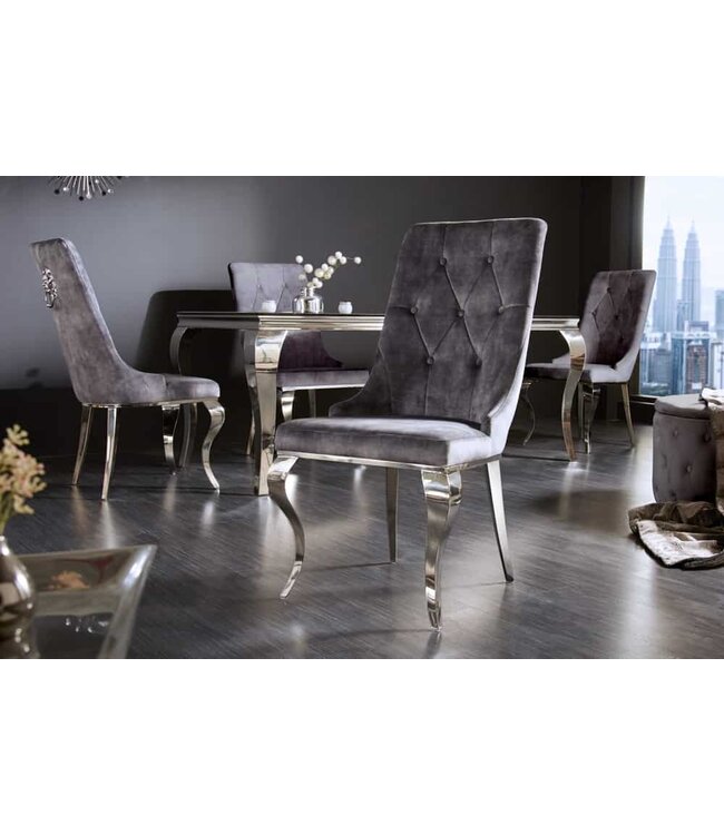 Invicta Interior Elegante stoel MODERN BAROK grijs fluweel met zilveren leeuwenkop - 41507