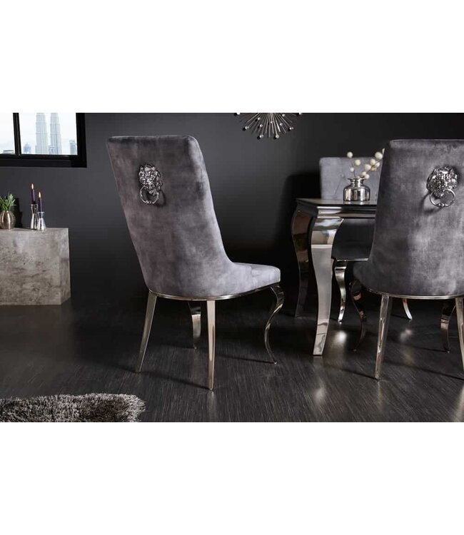 Invicta Interior Elegante stoel MODERN BAROK grijs fluweel met zilveren leeuwenkop - 41507